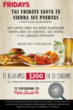 Cupón de $200 de descuento en consumos de $400 en TGI Fridays Santa Fé por despedida
