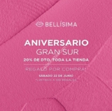 Promoción Aniversario Bellísima Gran Sur: 20% de descuento en toda la tienda y regalo a las primeras 100 compras hoy