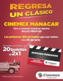 Promoción Cinemex Manacar: Tarjeta invitado fundador con 20 entradas 2×1 a los primeros 100 este viernes