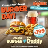 Promoción Hooters Día de la Hamburguesa: Classic Burger + cerveza Big Daddy por $199
