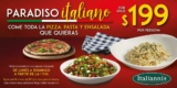 Promoción Italiannis Paradiso Italiano 2022: Pizza pasta y ensalada ilimitada a $199 por persona de lunes a domingo