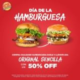 Promoción Johnny Rockets Día de la Hamburguesa: Compra una hamburguesa doble y llévate una sencilla a mitad de precio