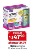 Promoción Kotex Nocturna 30 toallas + bolsa multiusos de $72.69 a $47.90 en Soriana