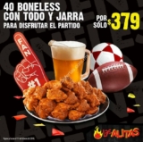 Promoción Las Alitas: 40 boneless + jarra de cerveza por $379