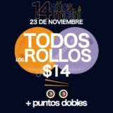 Promoción Moshi Moshi 14 aniversario 23 de noviembre: Todos los rollos a $14