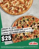 Promoción Papa Johns: Pizza The Works grande a sólo $25 en la compra de una pizza signature hoy sábado