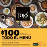 Promoción Toks: $100 de descuento en todo el menú hoy y mañana en delivery