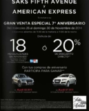 Saks Fifth Avenue 7º Aniversario: 20% de descuento o 18 meses sin intereses y sorteo para ganar un Audi